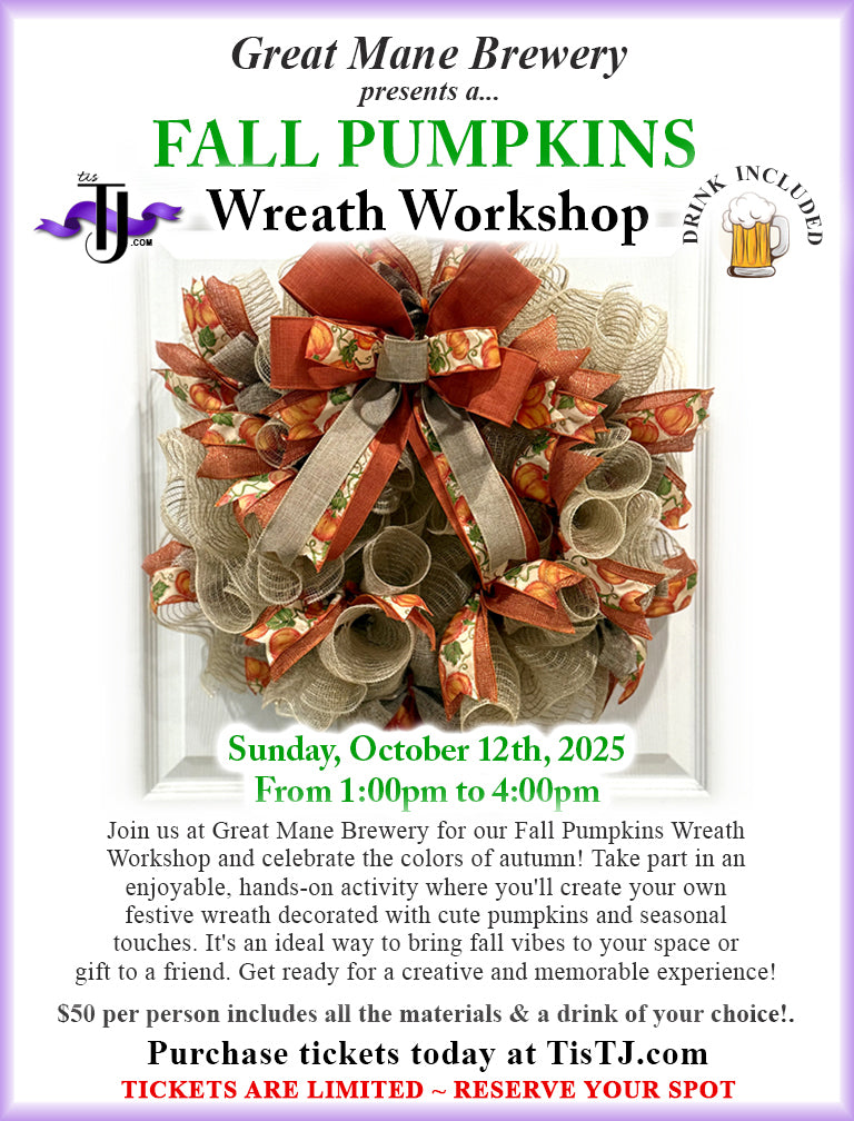EVENT: October 12, 2025 - Fall Pumpkins Wreath Workshop - Great Mane Brewery