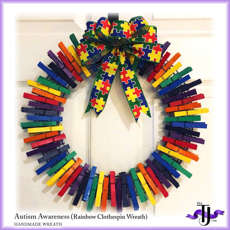 Autism Awareness, Rainbow Clothespin Wreath