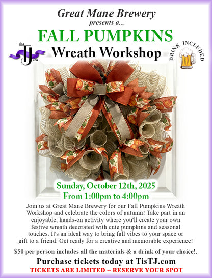 EVENT: October 12, 2025 - Fall Pumpkins Wreath Workshop - Great Mane Brewery