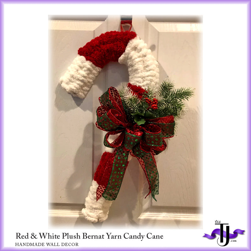 Chunky Bernat Yarn Candy Cane Wreath w/ Red Green Sheer Bow