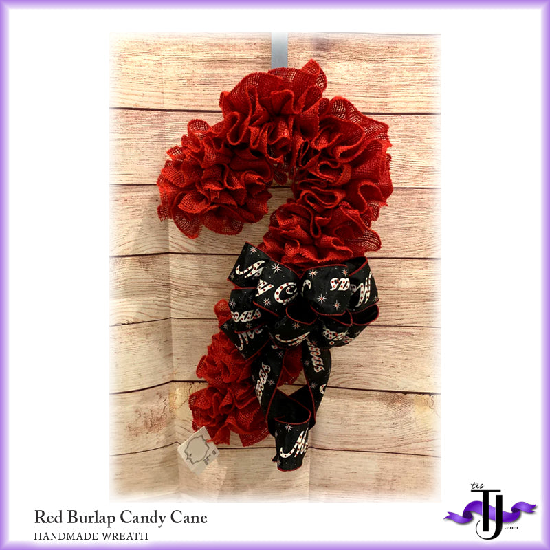 Red Burlap Candy Cane Wreath w/Merry Christmas Ribbon